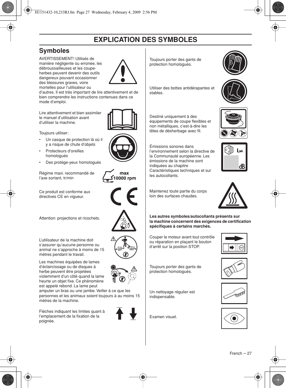 Symboles, Explication des symboles | Husqvarna 233RJ User Manual | Page 27 / 212