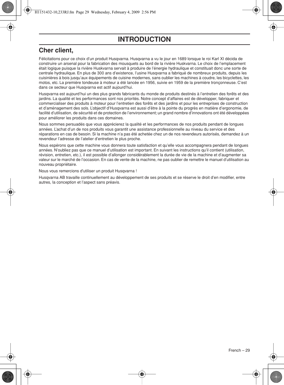 Cher client, Introduction | Husqvarna 233RJ User Manual | Page 29 / 212