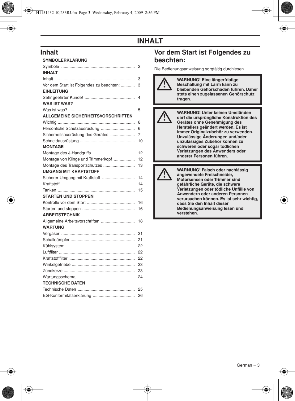 Inhalt, Vor dem start ist folgendes zu beachten, Inhal t | Inhalt v or dem start ist folgendes zu beachten | Husqvarna 233RJ User Manual | Page 3 / 212