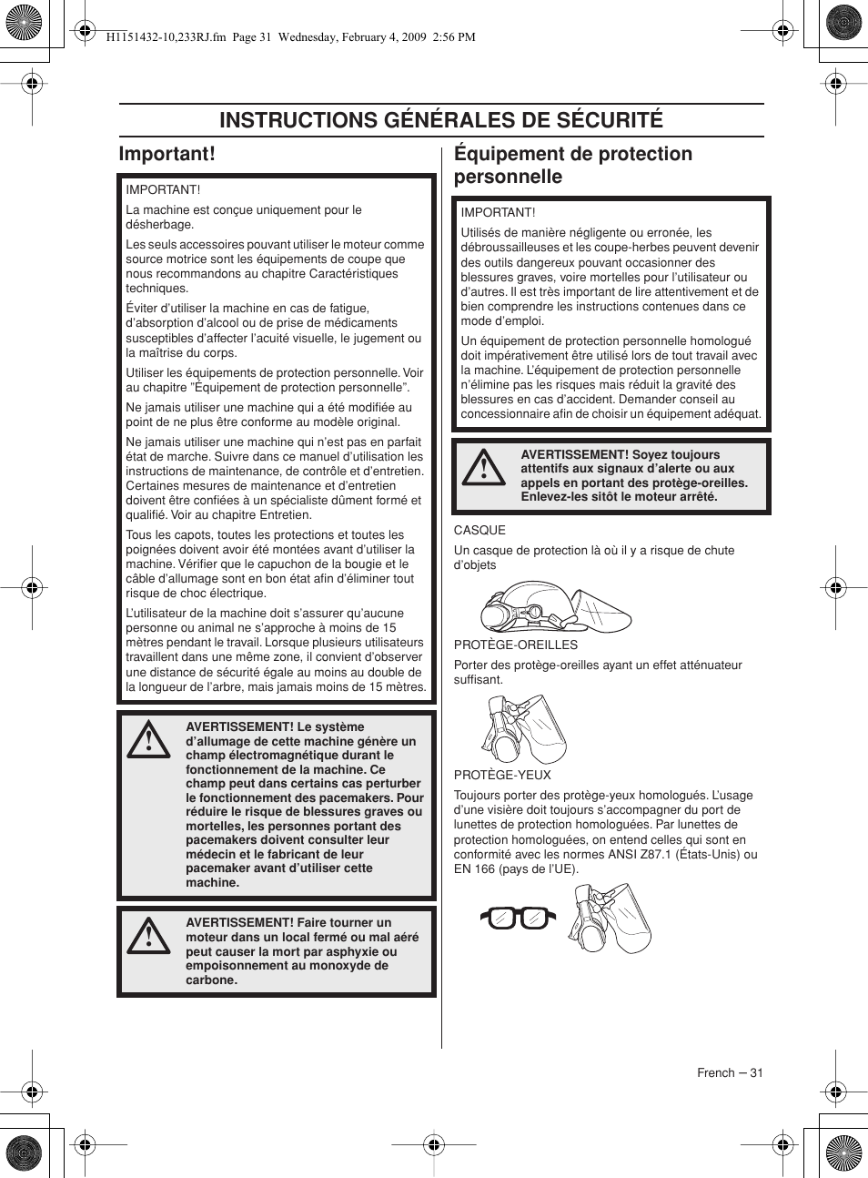 Important, Équipement de protection personnelle, Instructions générales de sécurité | Important! équipement de protection personnelle | Husqvarna 233RJ User Manual | Page 31 / 212