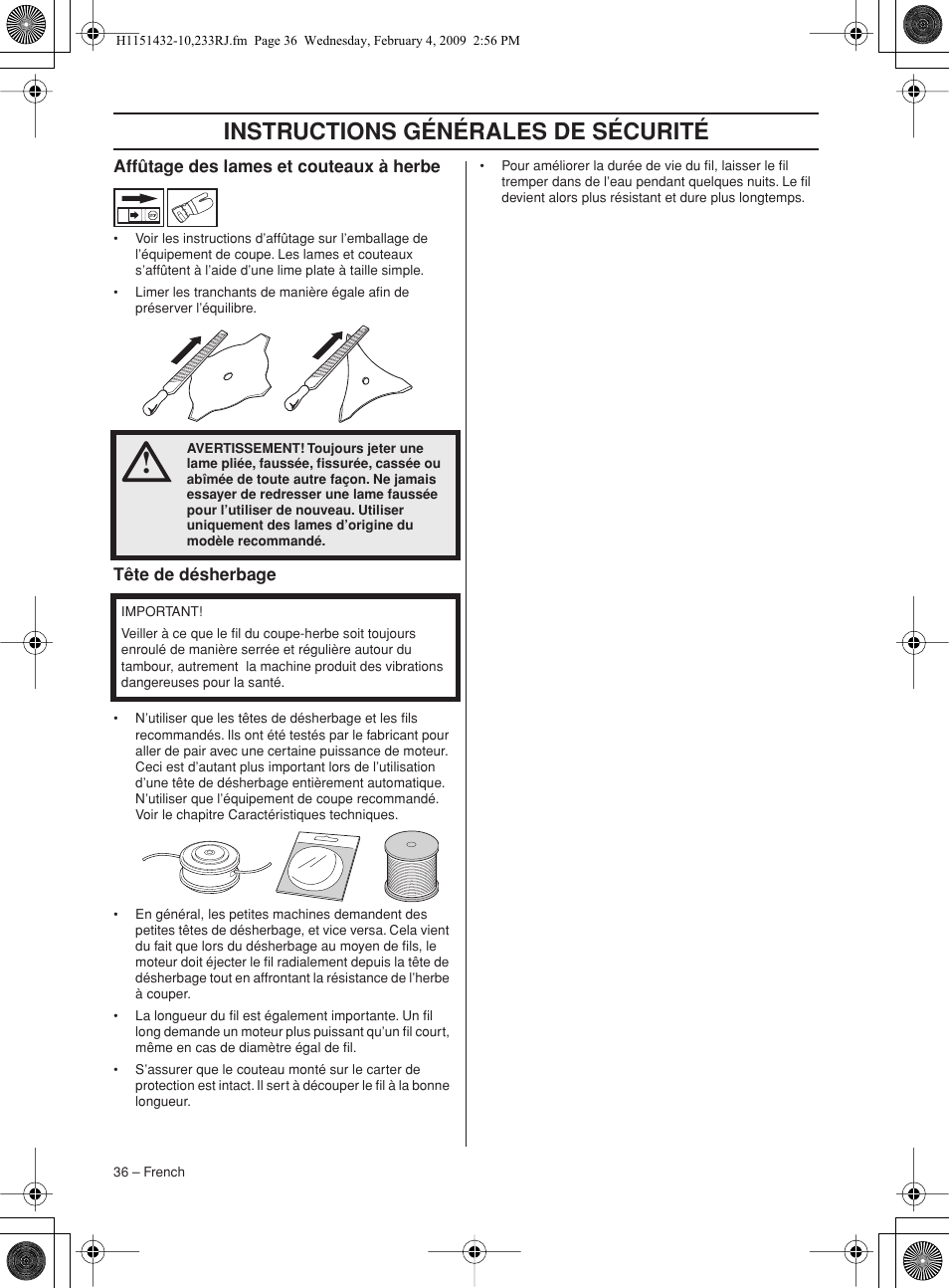 Affûtage des lames et couteaux à herbe, Tête de désherbage, Instructions générales de sécurité | Husqvarna 233RJ User Manual | Page 36 / 212