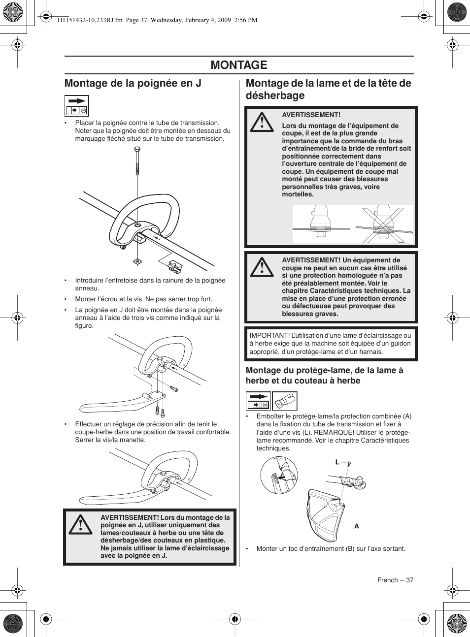Montage de la poignée en j, Montage de la lame et de la tête de désherbage, Montage | Husqvarna 233RJ User Manual | Page 37 / 212