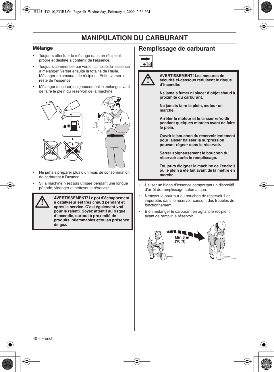 Mélange, Remplissage de carburant, Manipulation du carburant | Husqvarna 233RJ User Manual | Page 40 / 212