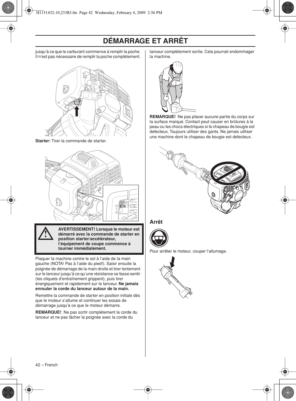 Arrêt, Démarrage et arrêt | Husqvarna 233RJ User Manual | Page 42 / 212