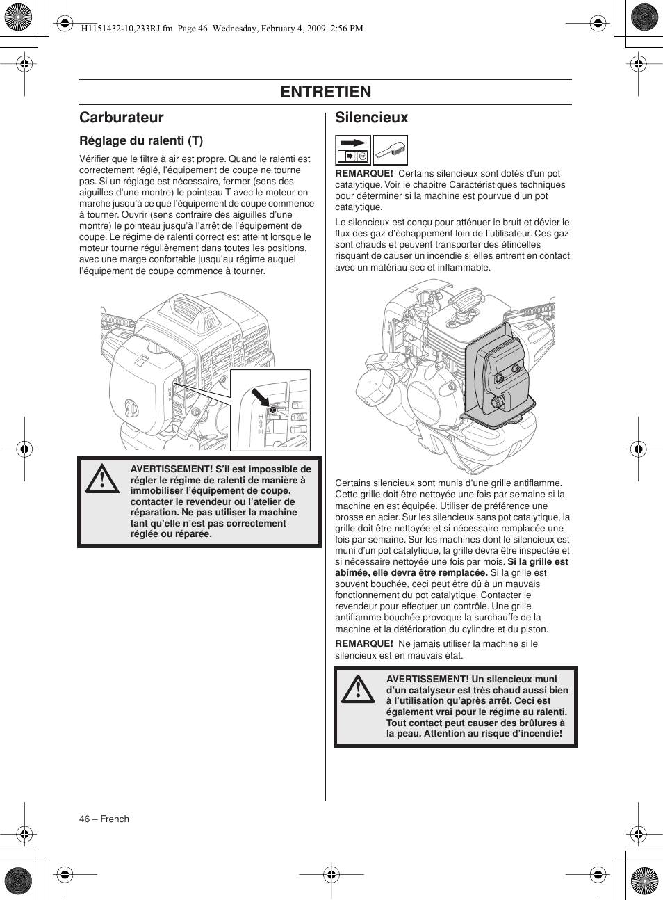 Carburateur, Réglage du ralenti (t), Silencieux | Entretien | Husqvarna 233RJ User Manual | Page 46 / 212