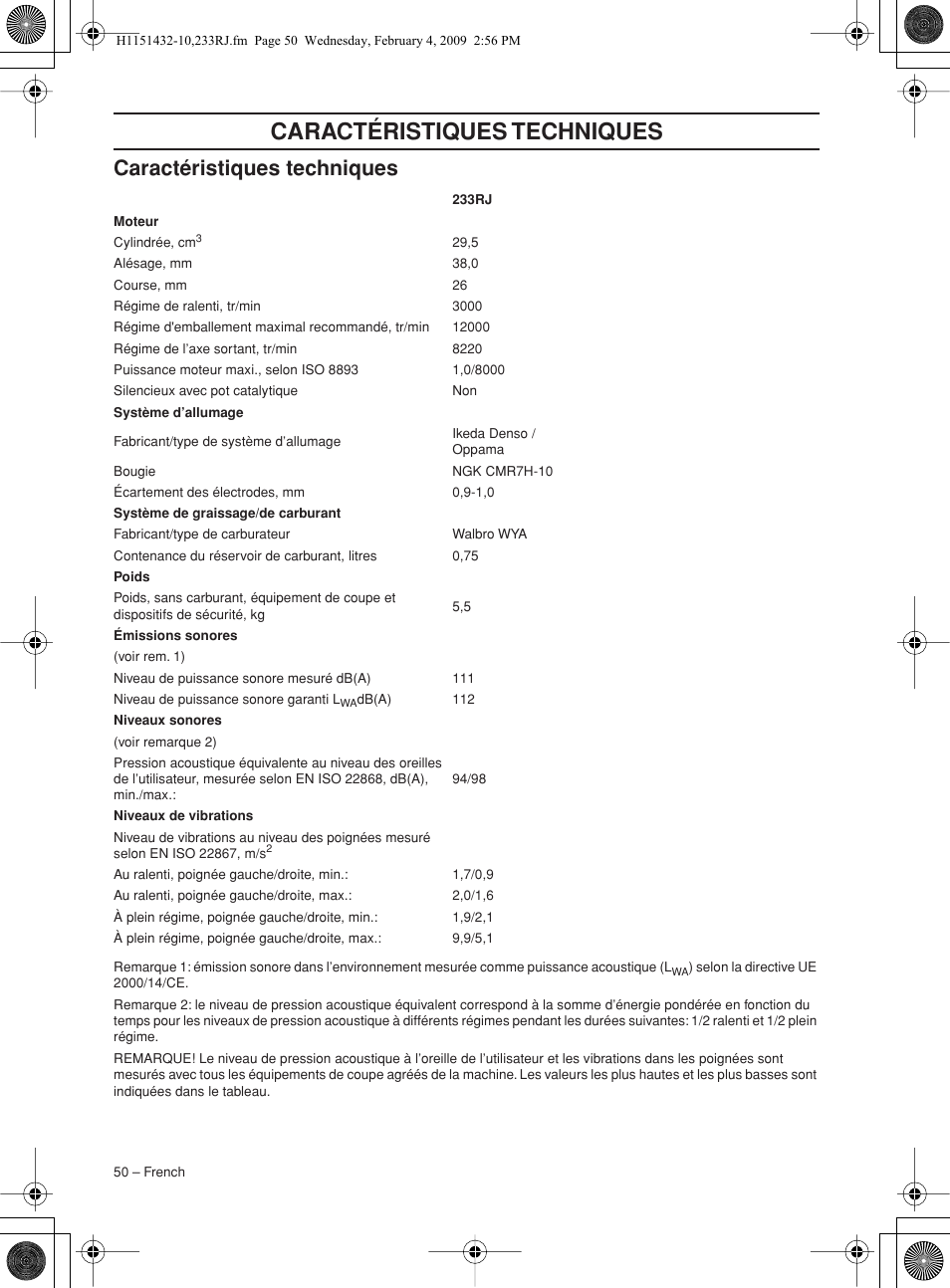 Caractéristiques techniques | Husqvarna 233RJ User Manual | Page 50 / 212