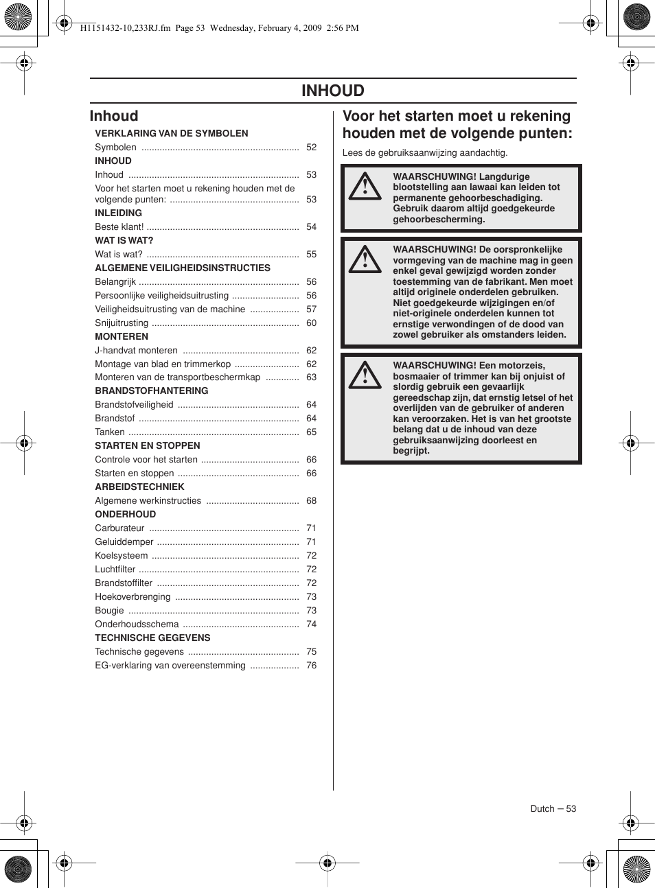 Inhoud | Husqvarna 233RJ User Manual | Page 53 / 212