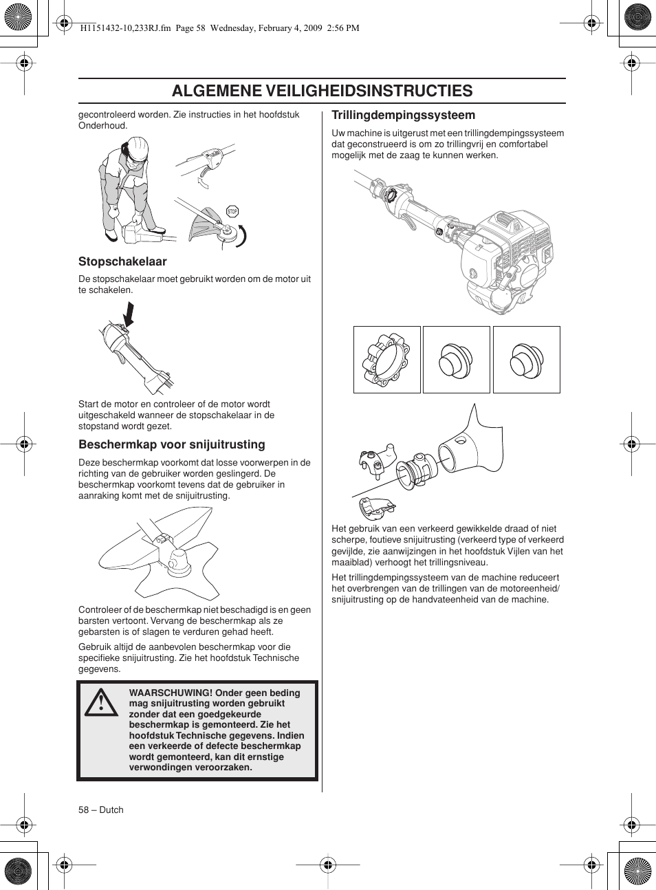 Stopschakelaar, Beschermkap voor snijuitrusting, Trillingdempingssysteem | Algemene veiligheidsinstructies | Husqvarna 233RJ User Manual | Page 58 / 212