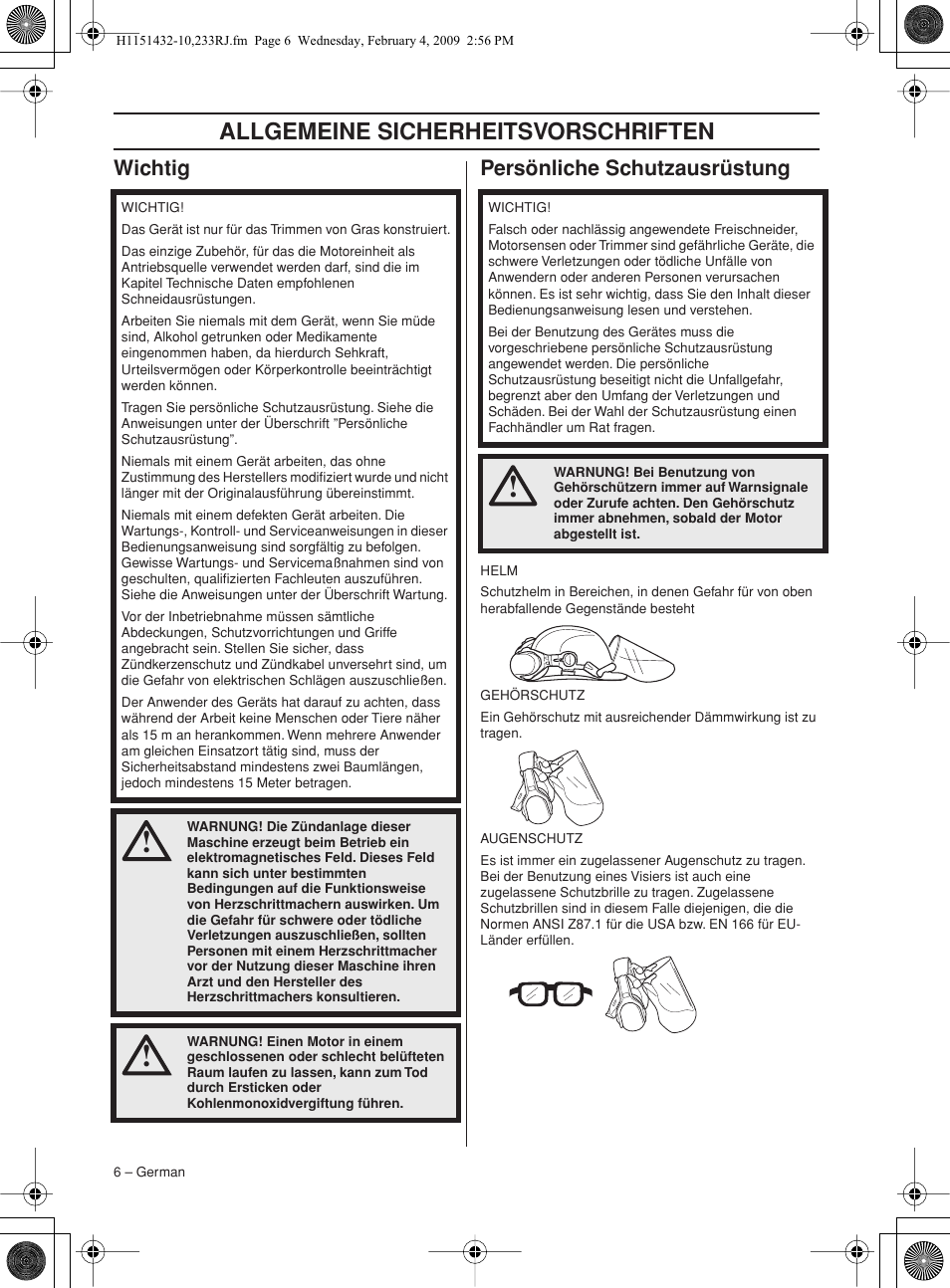 Wichtig, Persönliche schutzausrüstung, Allgemeine sicherheitsv orschriften | Wic htig persönliche schutzausrüstung | Husqvarna 233RJ User Manual | Page 6 / 212