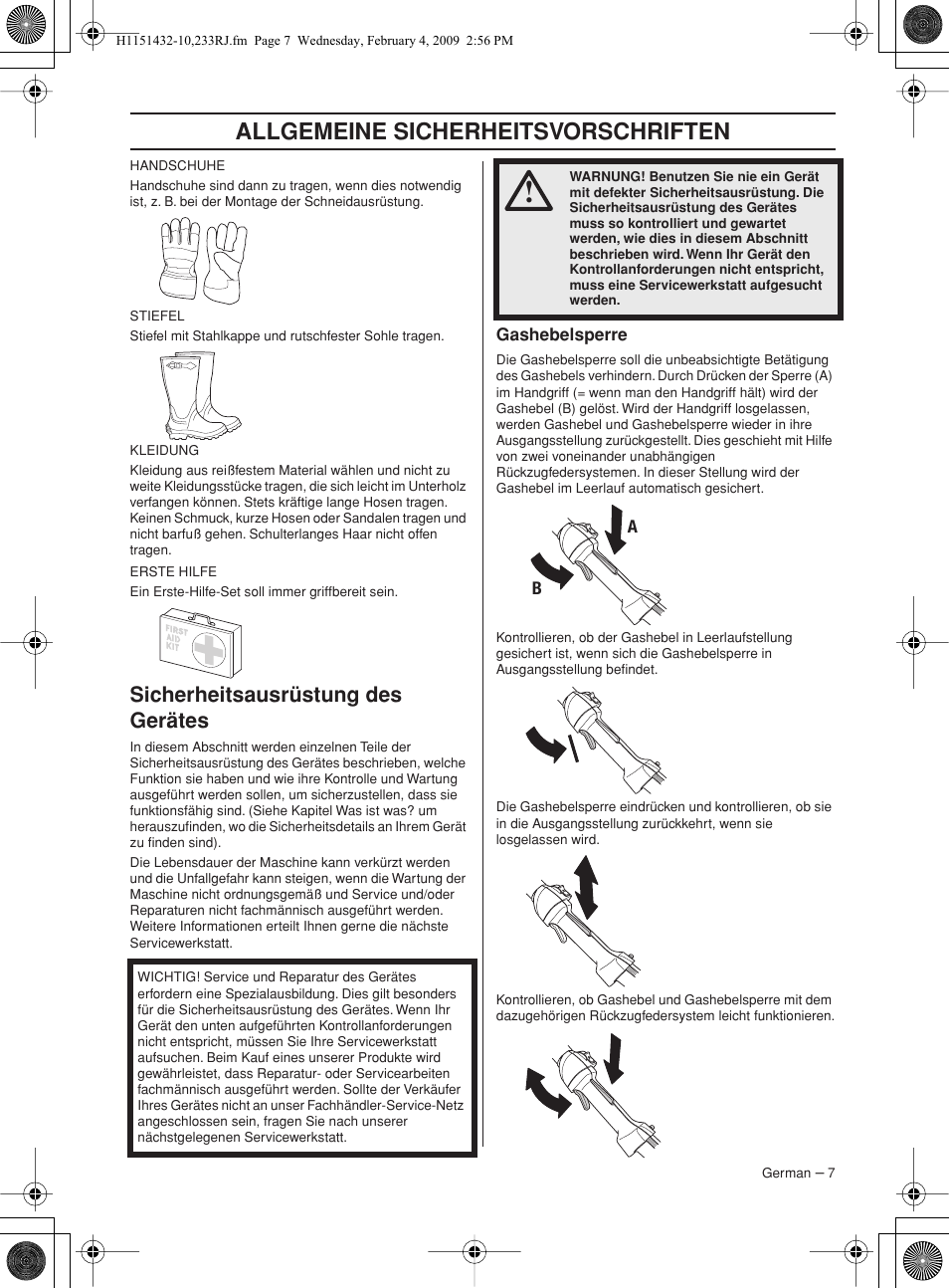 Sicherheitsausrüstung des gerätes, Gashebelsperre, Allgemeine sicherheitsv orschriften | Sic herheitsausrüstung des gerätes | Husqvarna 233RJ User Manual | Page 7 / 212