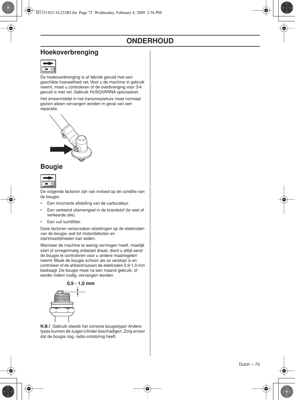 Hoekoverbrenging, Bougie, Onderhoud | Husqvarna 233RJ User Manual | Page 73 / 212