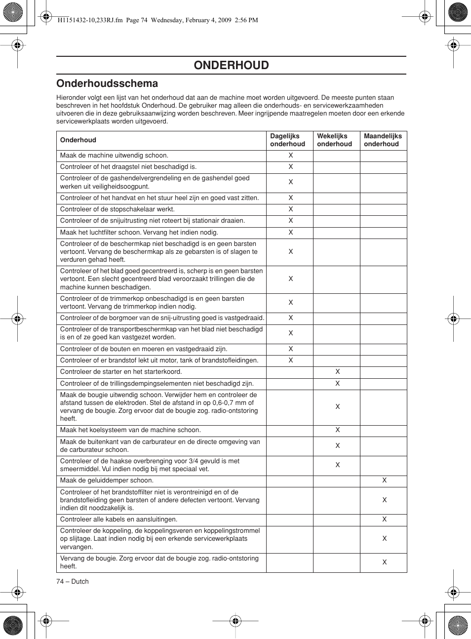 Onderhoudsschema, Onderhoud | Husqvarna 233RJ User Manual | Page 74 / 212