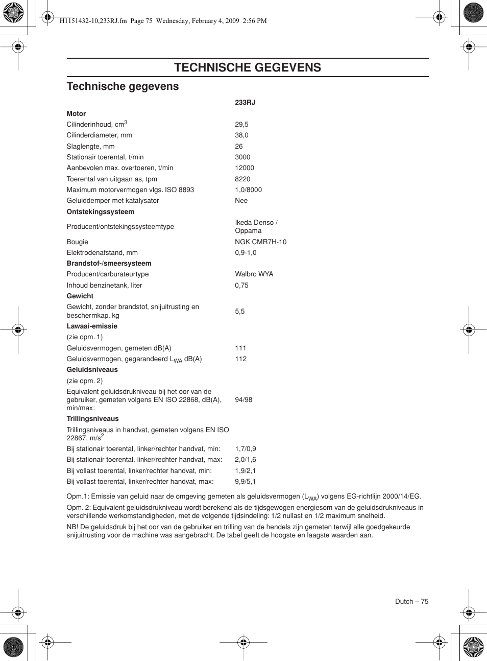 Technische gegevens | Husqvarna 233RJ User Manual | Page 75 / 212