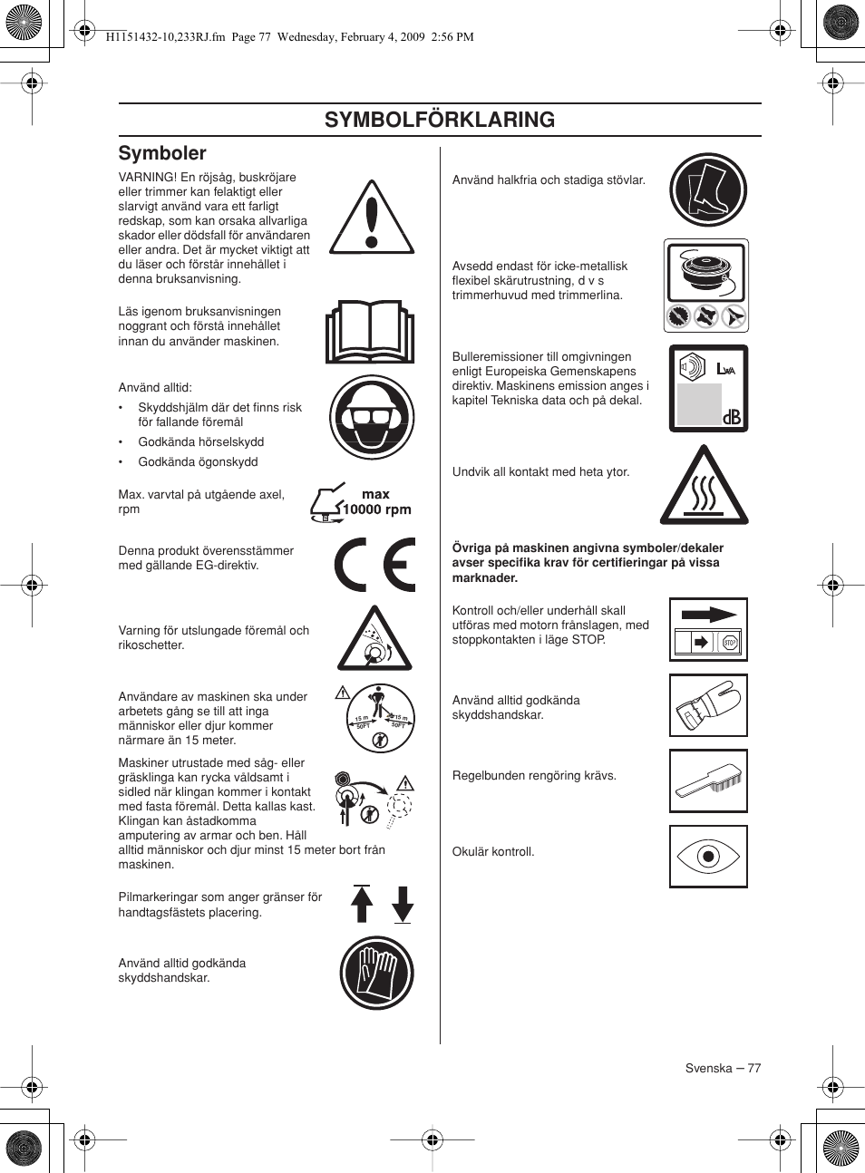Symboler, Symbolförklaring | Husqvarna 233RJ User Manual | Page 77 / 212