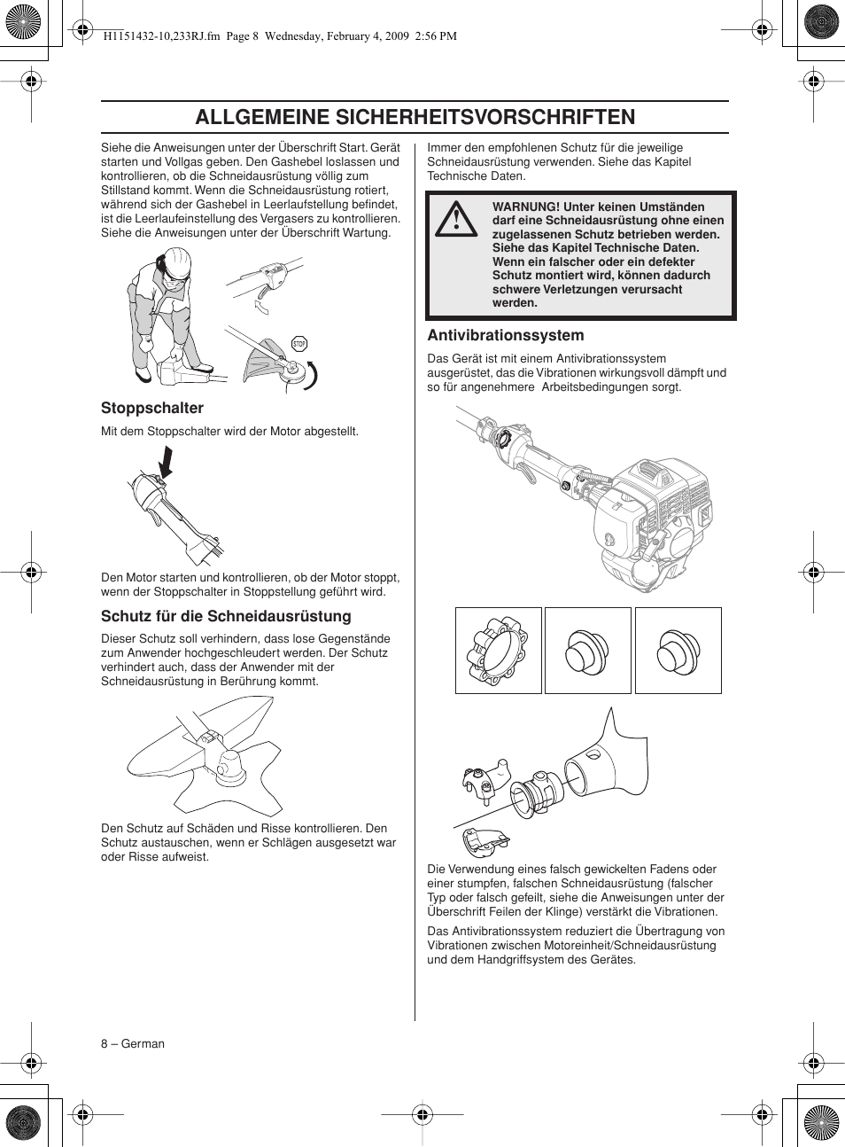 Stoppschalter, Schutz für die schneidausrüstung, Antivibrationssystem | Allgemeine sicherheitsv orschriften | Husqvarna 233RJ User Manual | Page 8 / 212