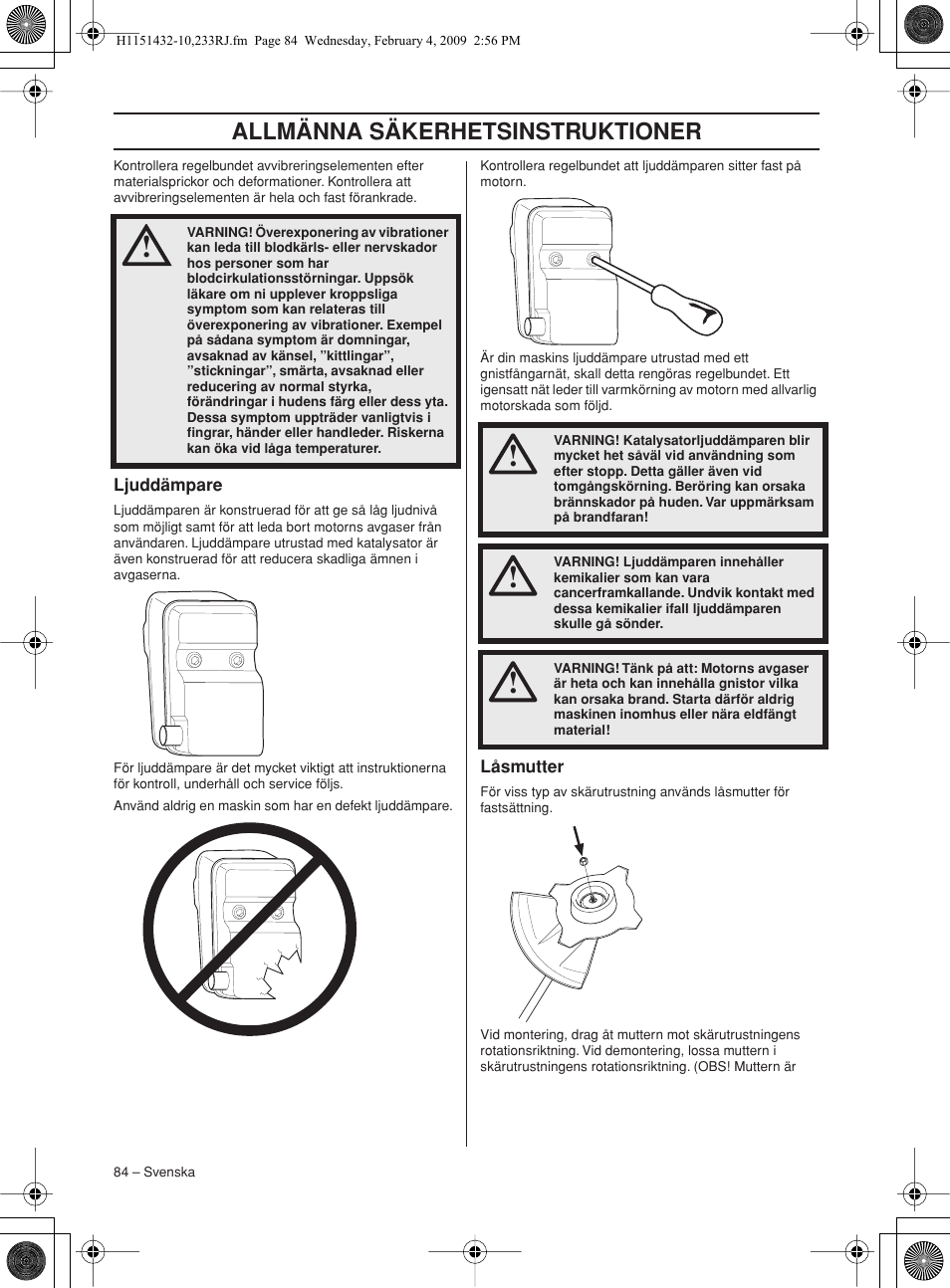 Ljuddämpare, Låsmutter, Allmänna säkerhetsinstruktioner | Husqvarna 233RJ User Manual | Page 84 / 212