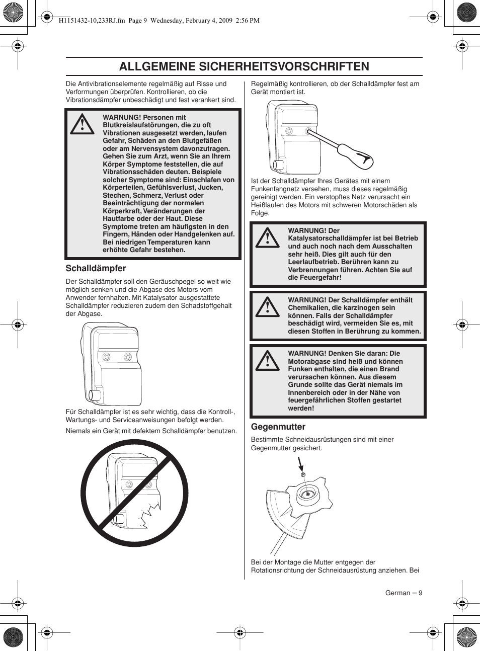 Schalldämpfer, Gegenmutter, Allgemeine sicherheitsv orschriften | Husqvarna 233RJ User Manual | Page 9 / 212
