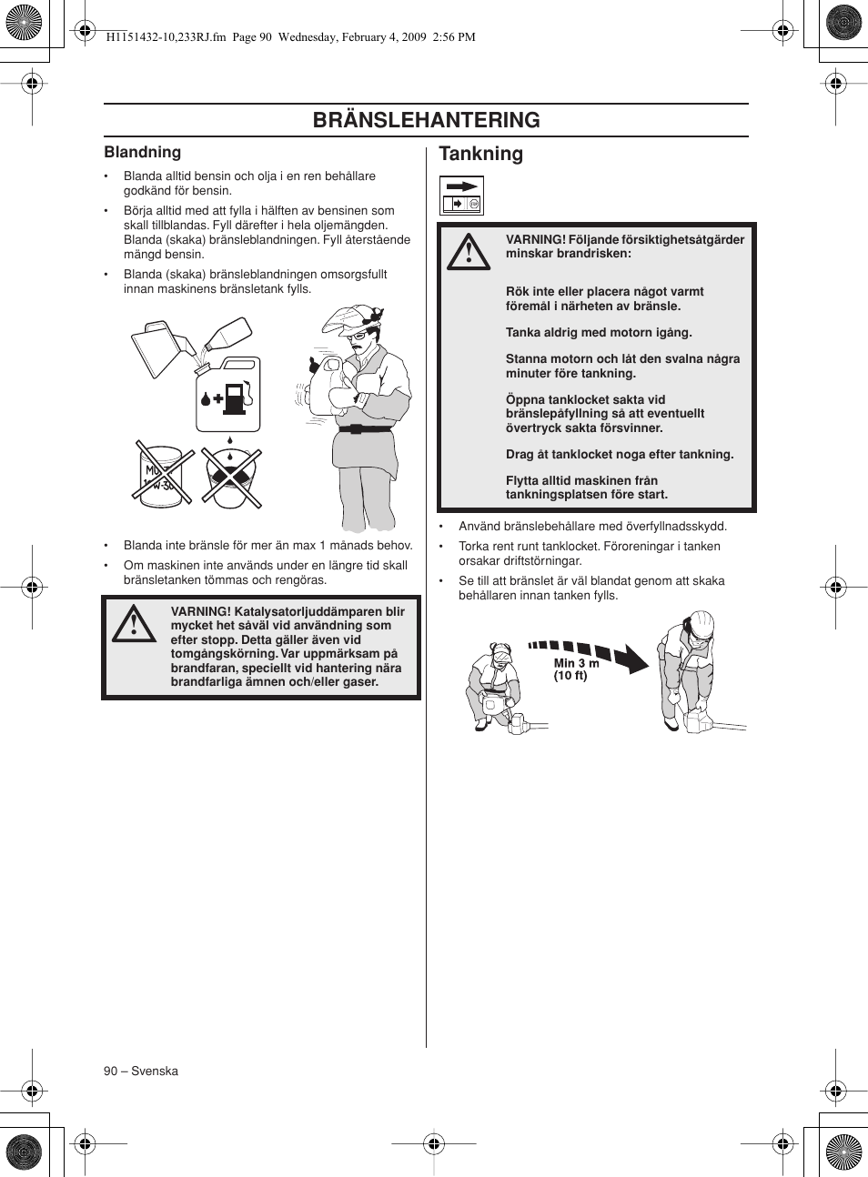 Blandning, Tankning, Bränslehantering | Husqvarna 233RJ User Manual | Page 90 / 212
