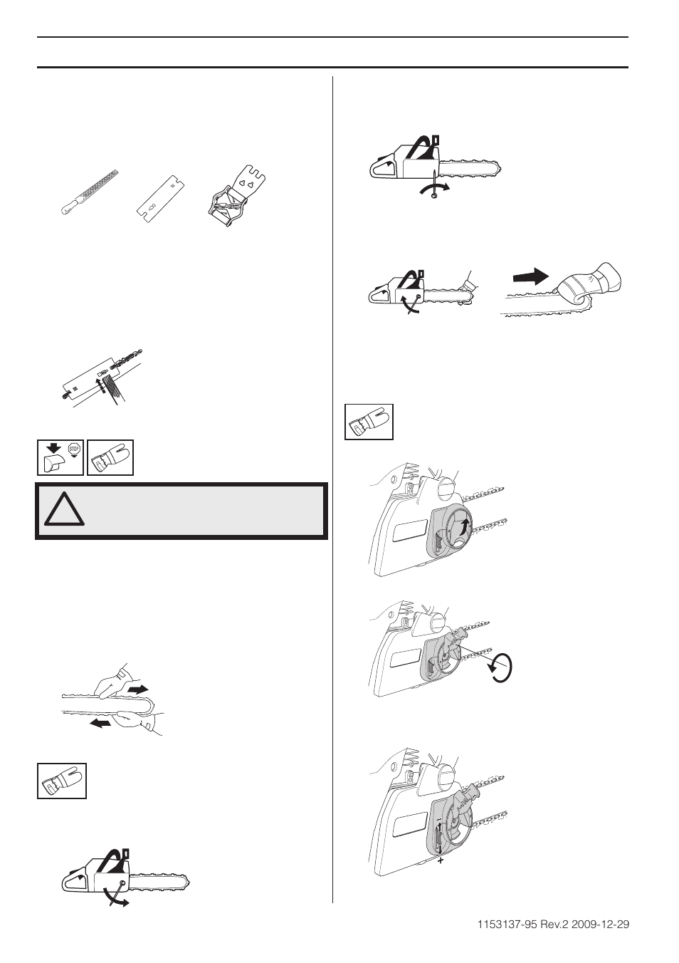 Tensioning the chain, General safety precautions | Husqvarna 1153137-95 User Manual | Page 14 / 44