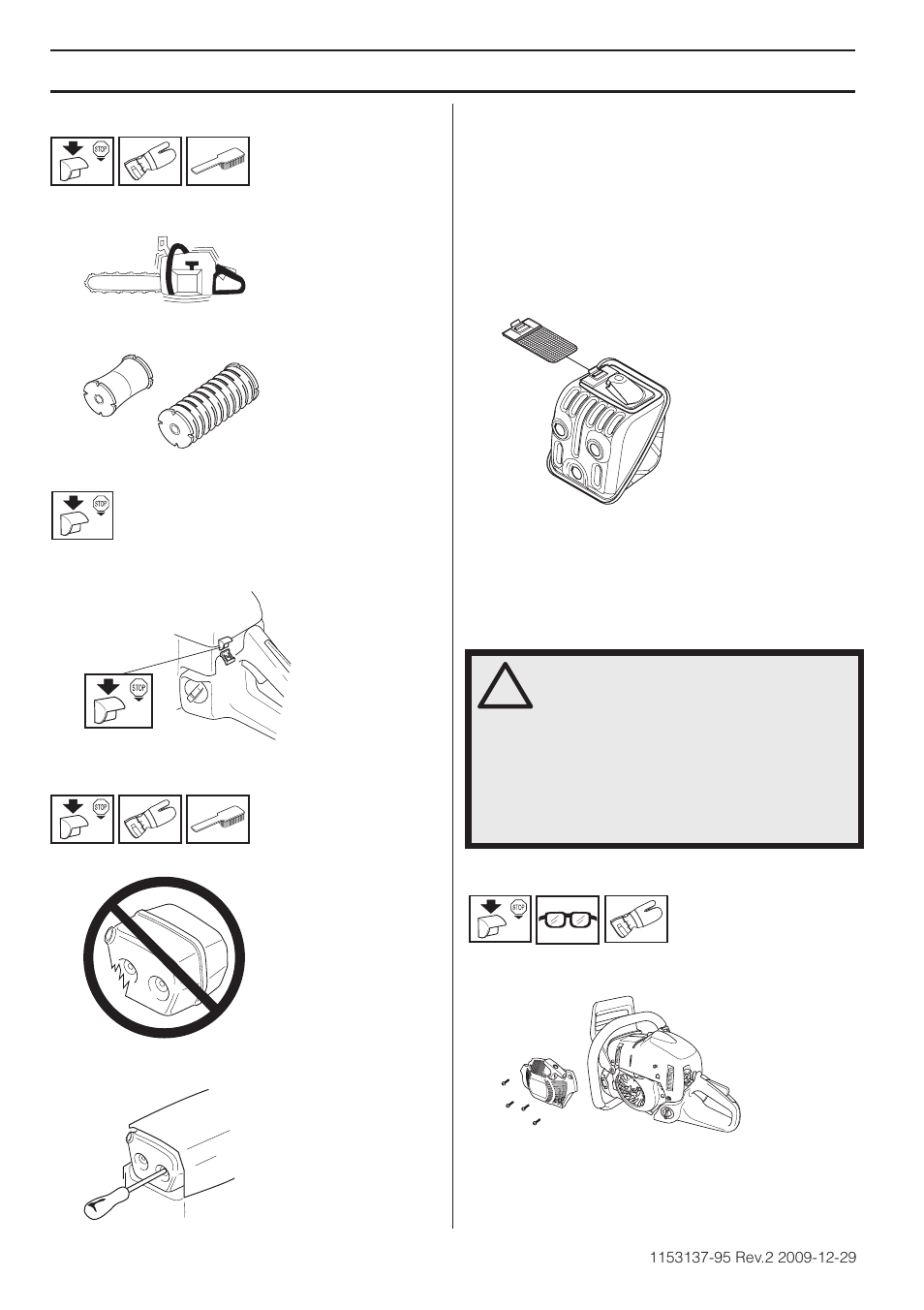 Vibration damping system, Stop switch, Muffler | Starter, Changing a broken or worn starter cord, Maintenance | Husqvarna 1153137-95 User Manual | Page 34 / 44