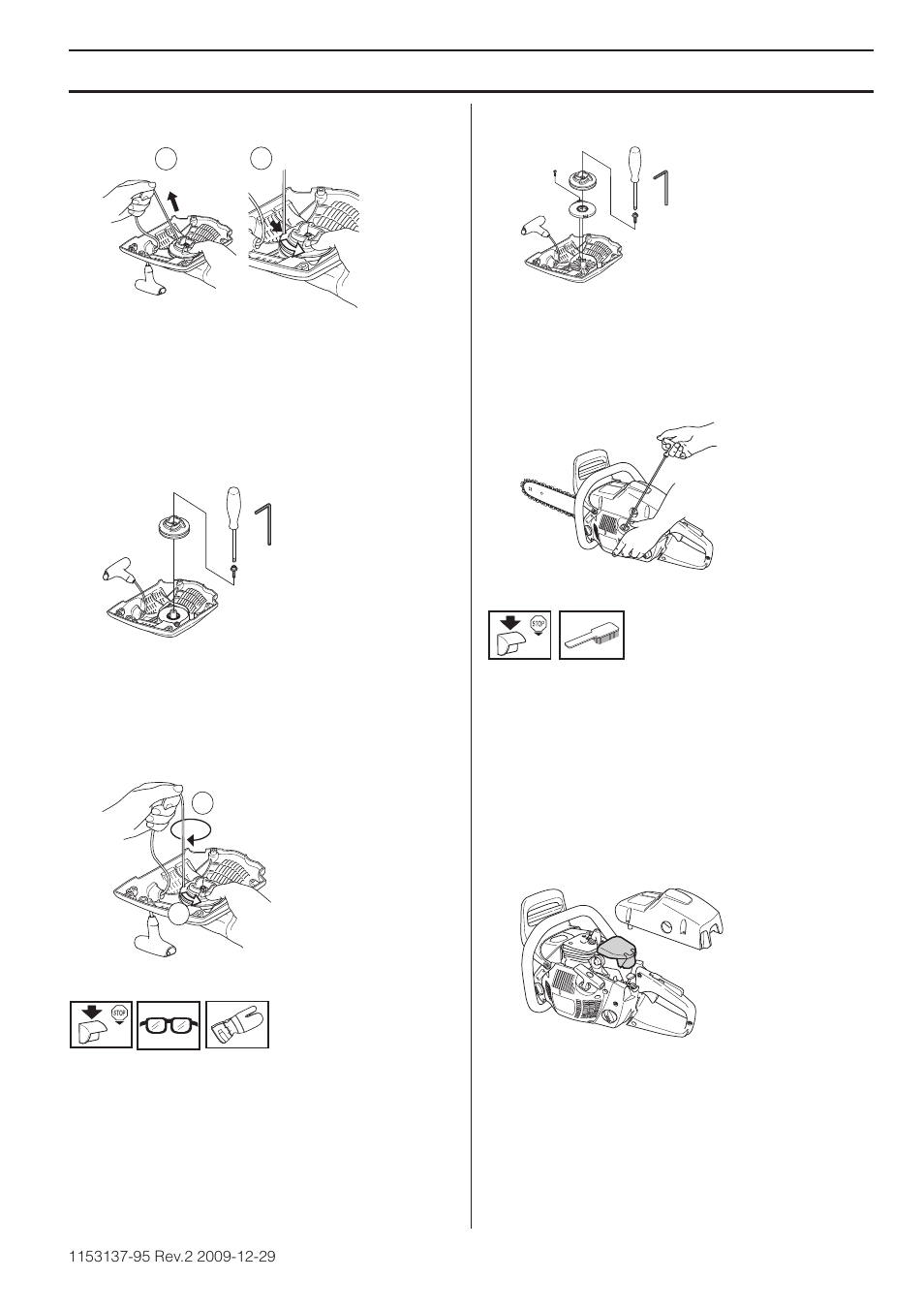 Tensioning the recoil spring, Changing a broken recoil spring, Fitting the starter | Air filter, Maintenance | Husqvarna 1153137-95 User Manual | Page 35 / 44