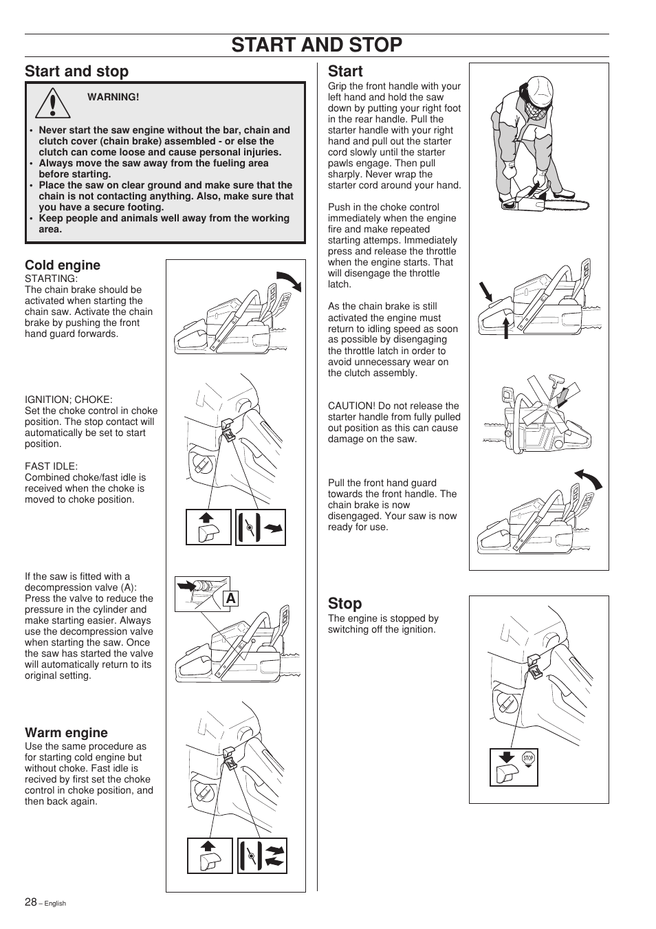 Start and stop, Start, Stop | Husqvarna TAC 340 User Manual | Page 28 / 36