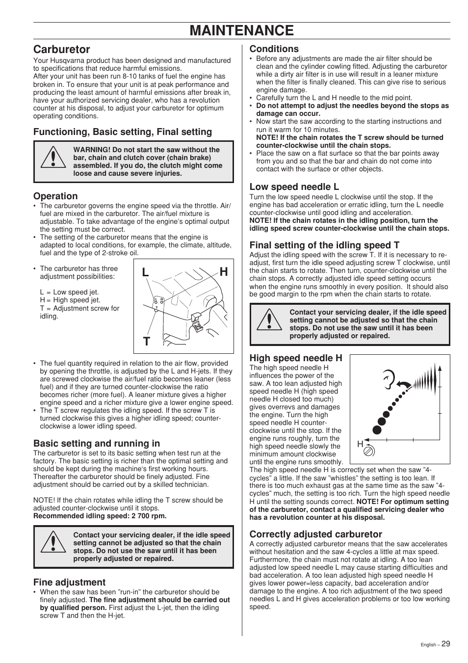 Maintenance, Lh t, Carburetor | Husqvarna TAC 340 User Manual | Page 29 / 36