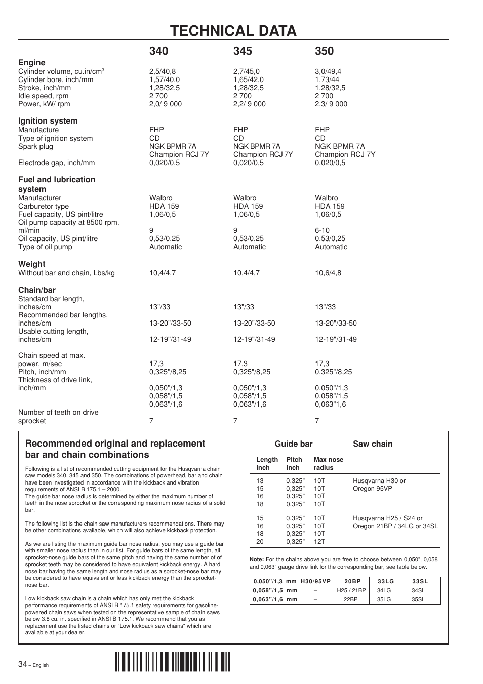 Technical data, H$[¶5h | Husqvarna TAC 340 User Manual | Page 34 / 36