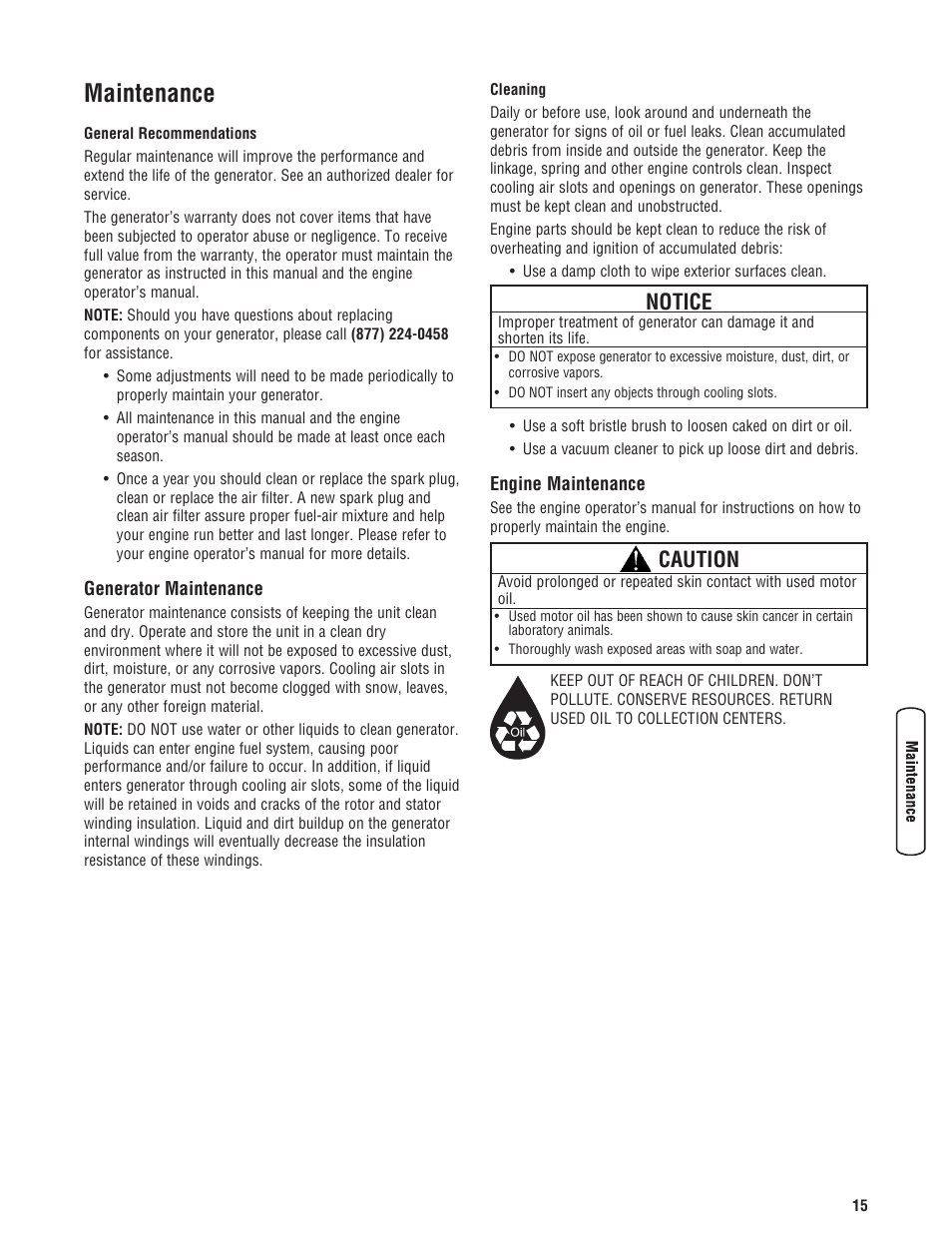 Maintenance, Generator maintenance engine maintenance, Notice | Caution | Husqvarna 420 GN User Manual | Page 15 / 23