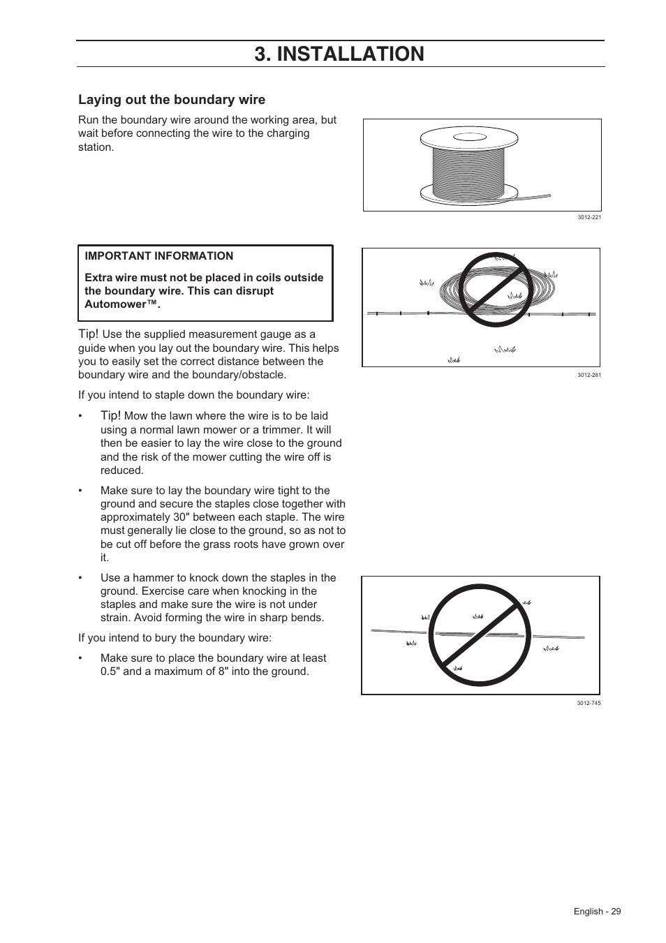 Installation, Laying out the boundary wire | Husqvarna 230 ACX/220 AC User Manual | Page 28 / 82