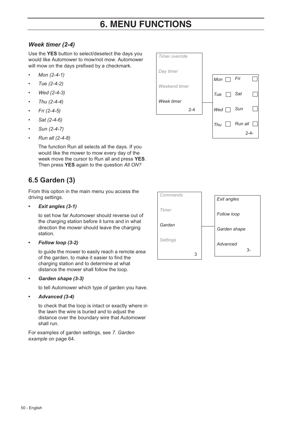 Menu functions, 5 garden (3), Week timer (2-4) | Husqvarna 230 ACX/220 AC User Manual | Page 49 / 82