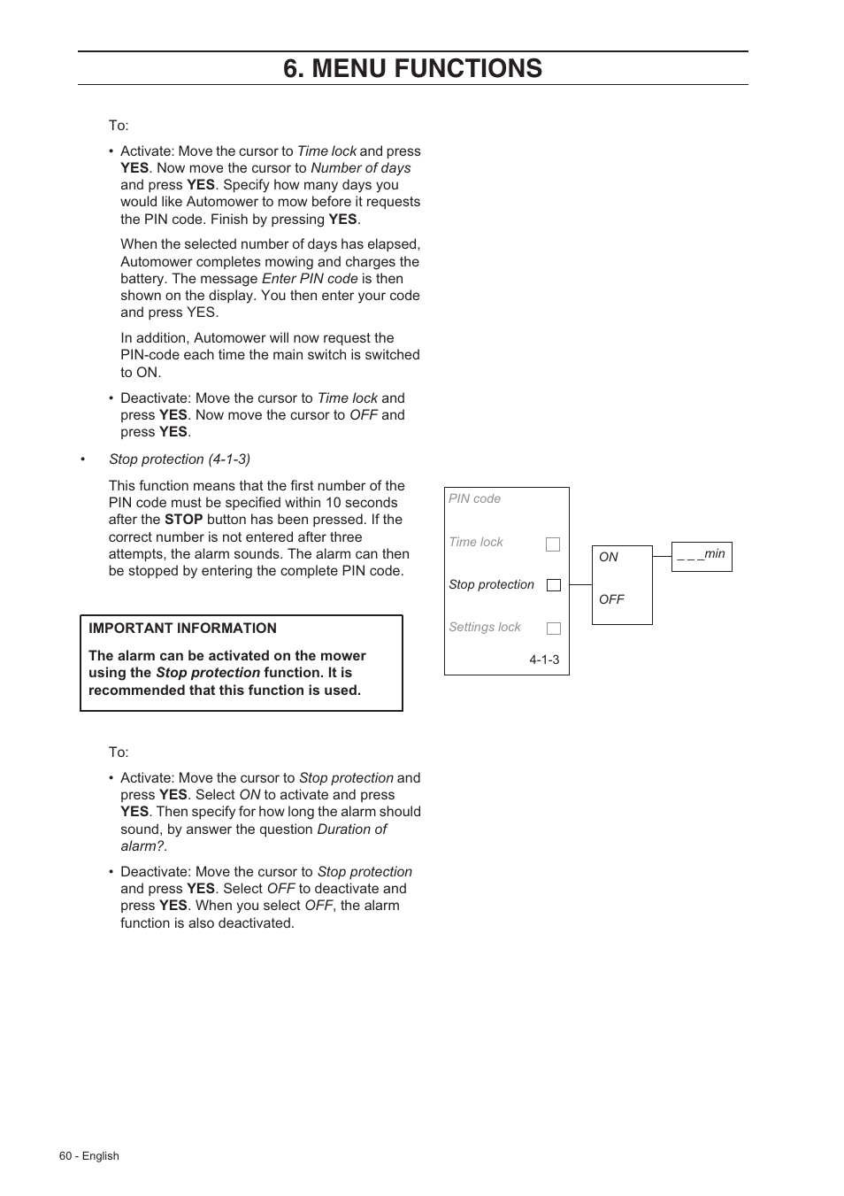 Menu functions | Husqvarna 230 ACX/220 AC User Manual | Page 59 / 82