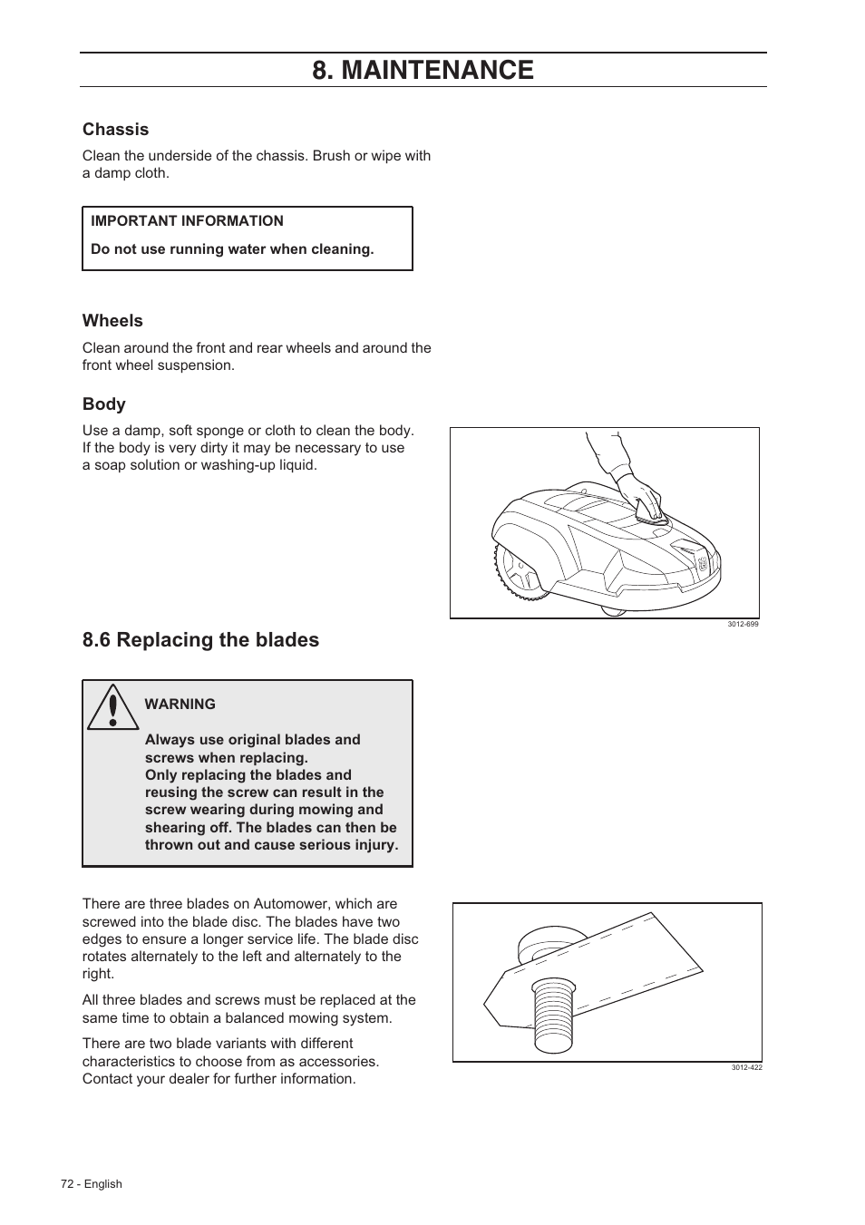 Maintenance, 6 replacing the blades | Husqvarna 230 ACX/220 AC User Manual | Page 71 / 82