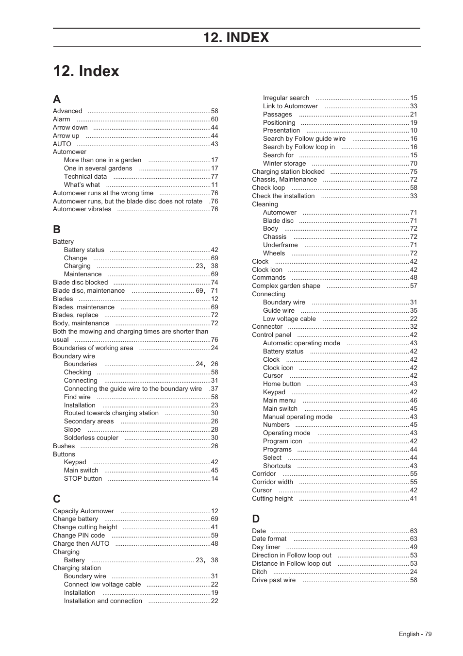 Index | Husqvarna 230 ACX/220 AC User Manual | Page 78 / 82