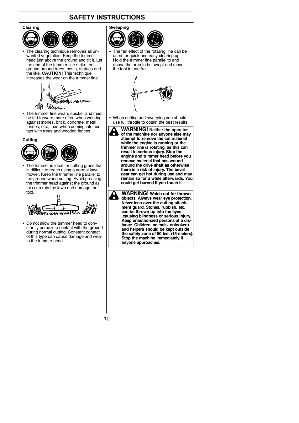 Safety instructions, Warning | Husqvarna 125C User Manual | Page 10 / 24