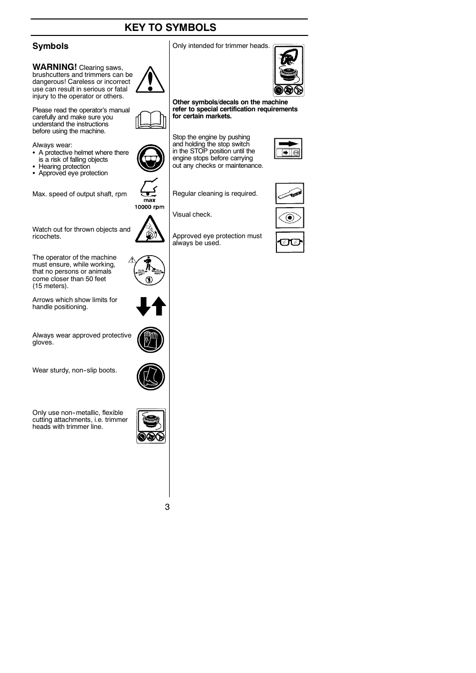 Symbols, Key to symbols, Symbols warning | Husqvarna 125C User Manual | Page 3 / 24