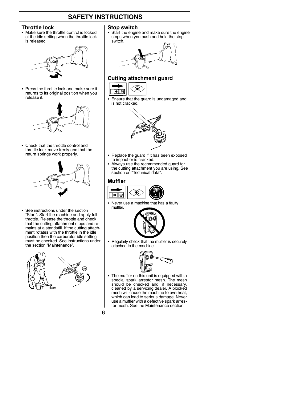 Safety instructions, Throttle lock, Stop switch | Cutting attachment guard, Muffler | Husqvarna 125C User Manual | Page 6 / 24