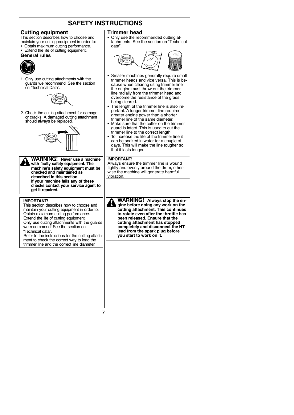 Safety instructions, Trimmer head, Warning | Cutting equipment | Husqvarna 125C User Manual | Page 7 / 24