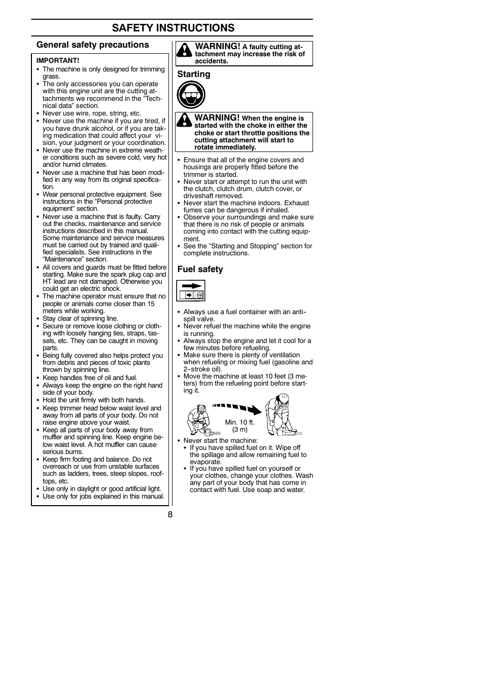 Safety instructions, General safety precautions, Starting | Fuel safety, Warning | Husqvarna 125C User Manual | Page 8 / 24