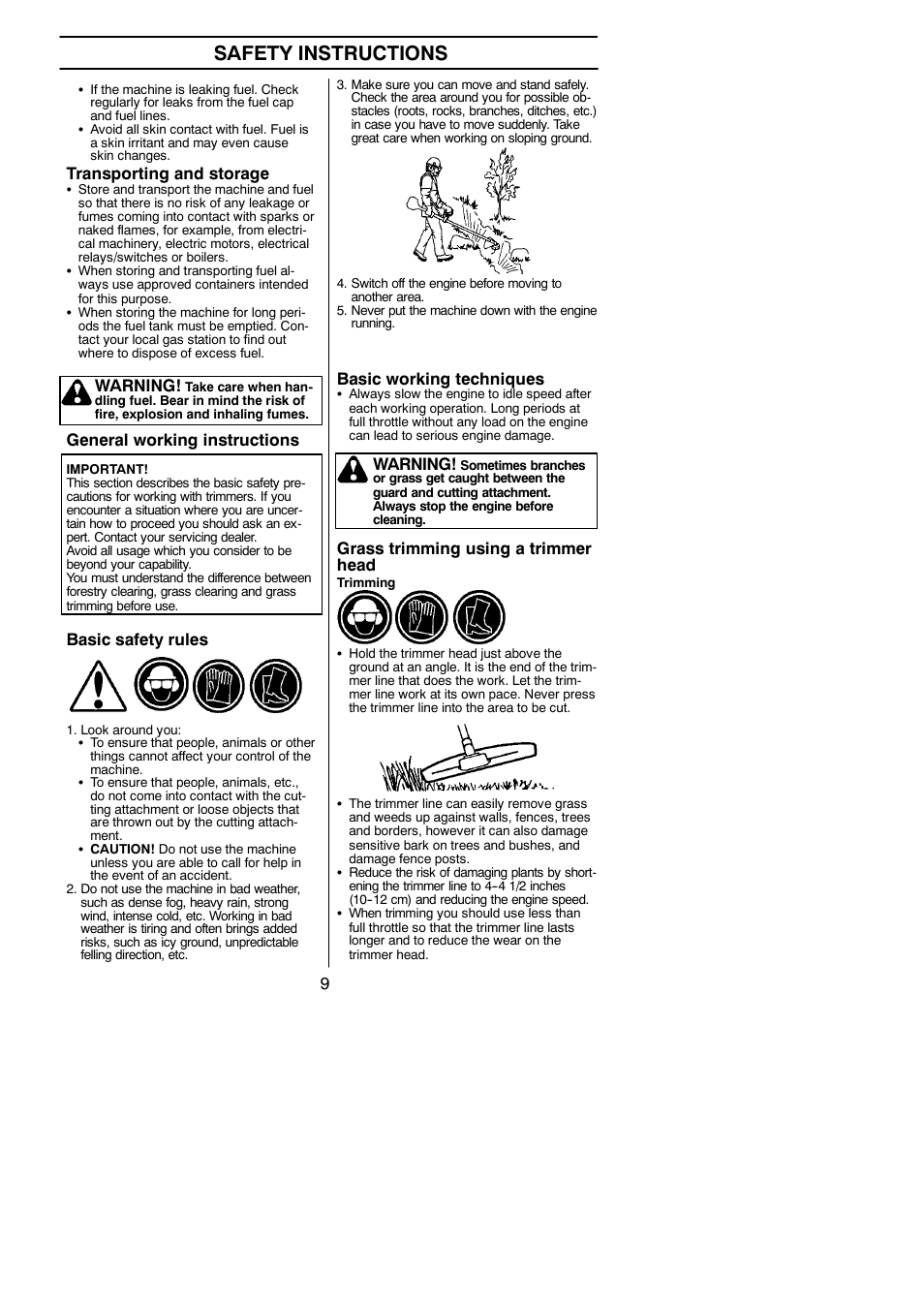 Safety instructions, Transporting and storage, General working instructions | Basic safety rules, Basic working techniques, Grass trimming using a trimmer head, Warning | Husqvarna 125C User Manual | Page 9 / 24