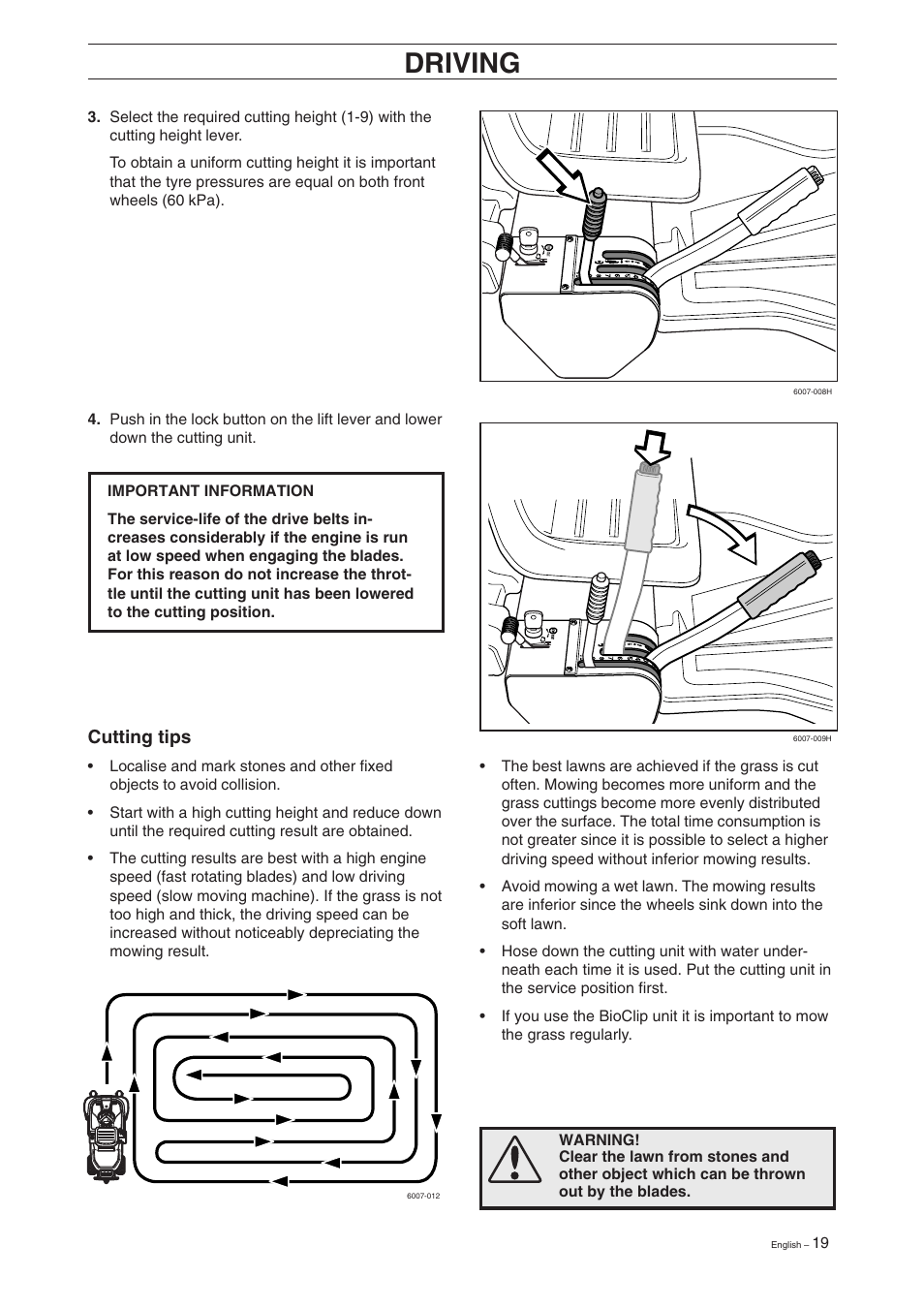 Driving, Cutting tips | Husqvarna Rider 11 User Manual | Page 21 / 52