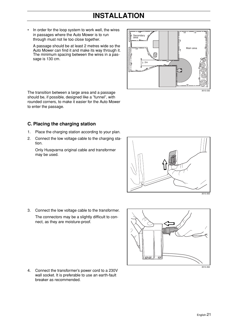 C. placing the charging station, Installation | Husqvarna 2003-06 User Manual | Page 20 / 50