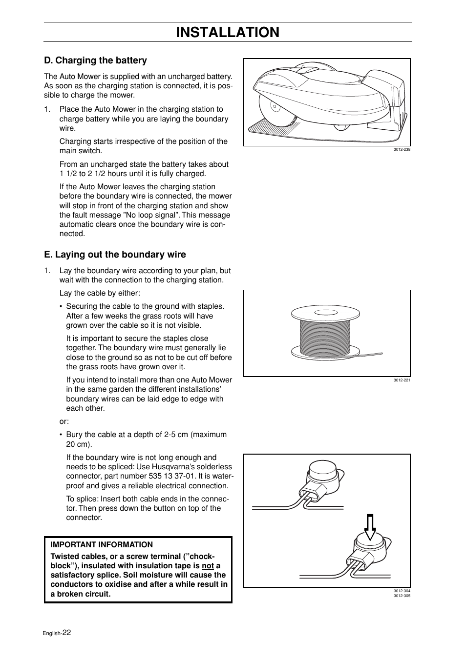 D. charging the battery, E. laying out the boundary wire, Installation | Husqvarna 2003-06 User Manual | Page 21 / 50