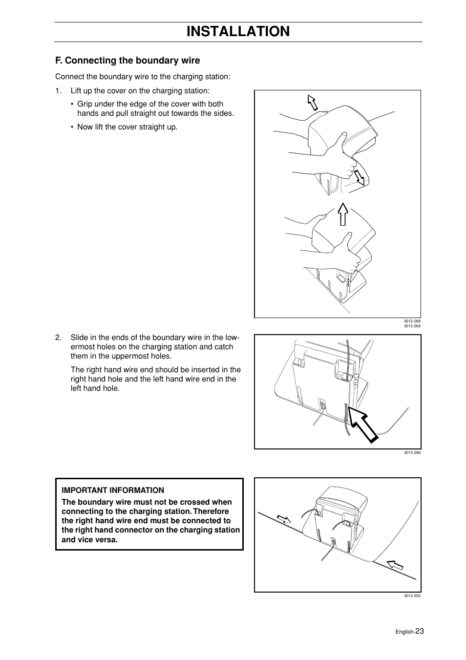 F. connecting the boundary wire, Installation | Husqvarna 2003-06 User Manual | Page 22 / 50