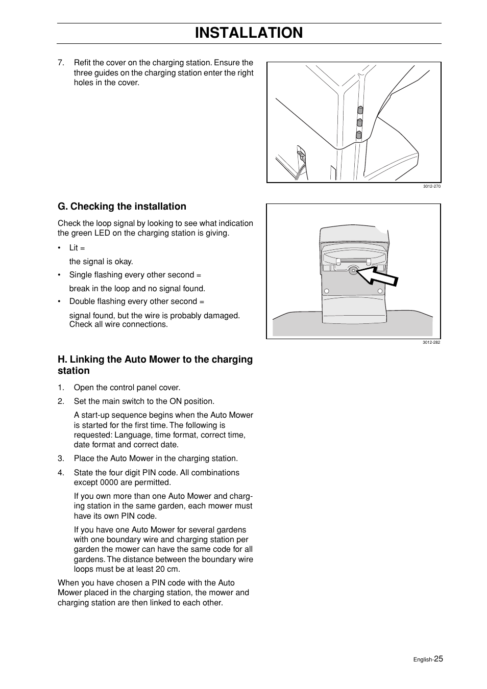 G. checking the installation, H. linking the auto mower to the charging station, Installation | Husqvarna 2003-06 User Manual | Page 24 / 50