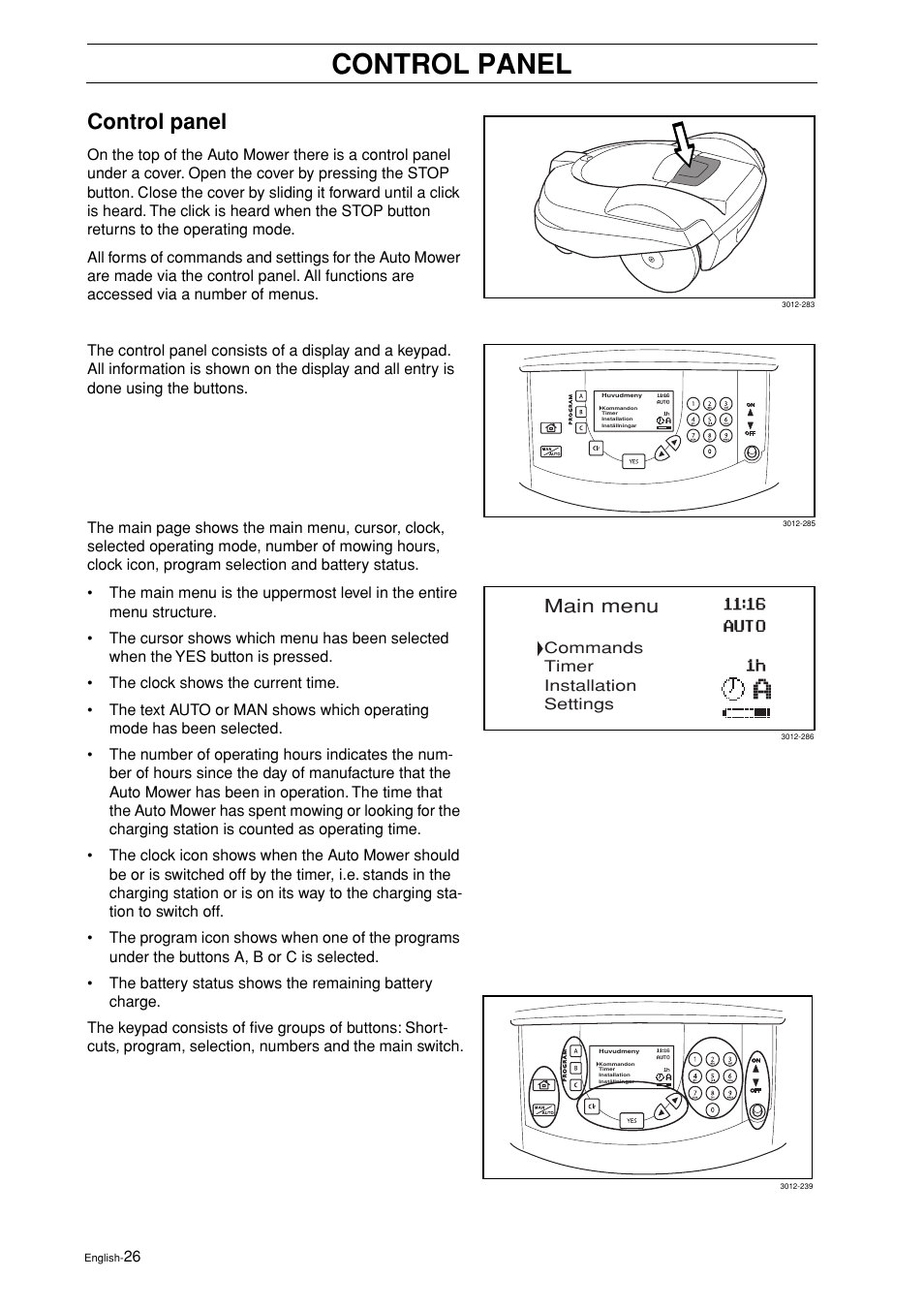 Control panel, Main menu | Husqvarna 2003-06 User Manual | Page 25 / 50