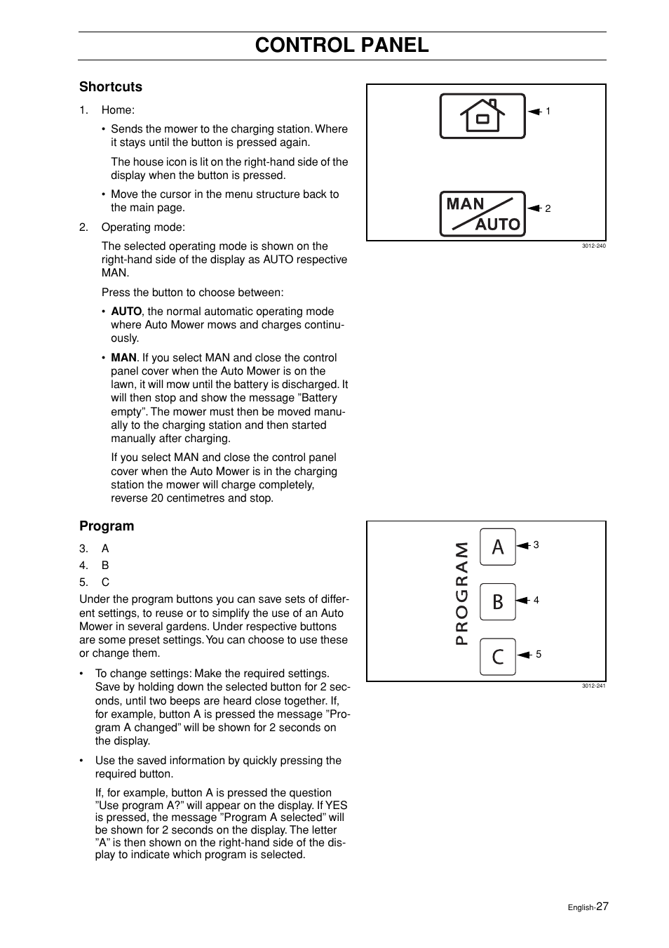 Shortcuts, Program, Control panel | Husqvarna 2003-06 User Manual | Page 26 / 50