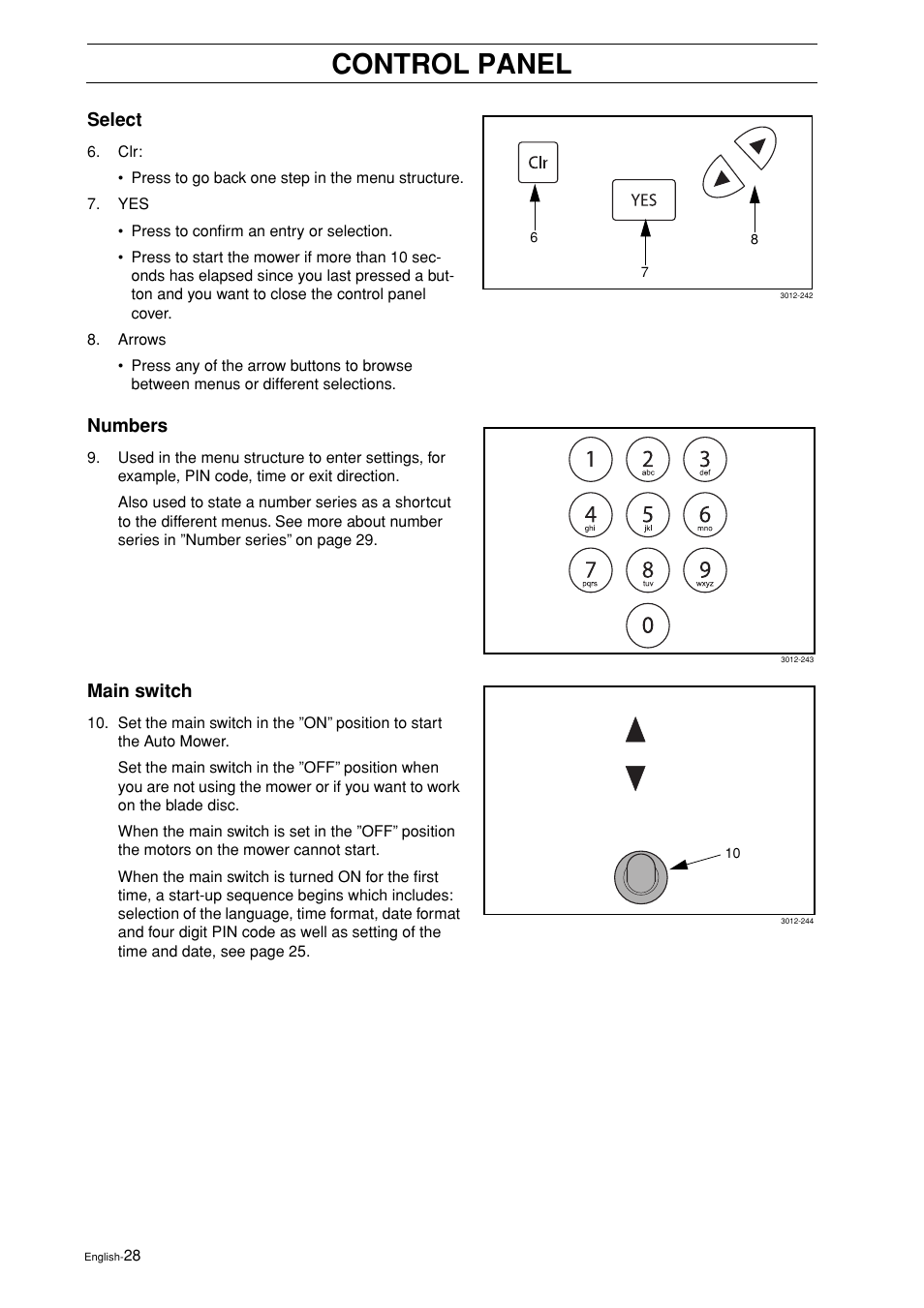 Select, Numbers, Main switch | Control panel | Husqvarna 2003-06 User Manual | Page 27 / 50
