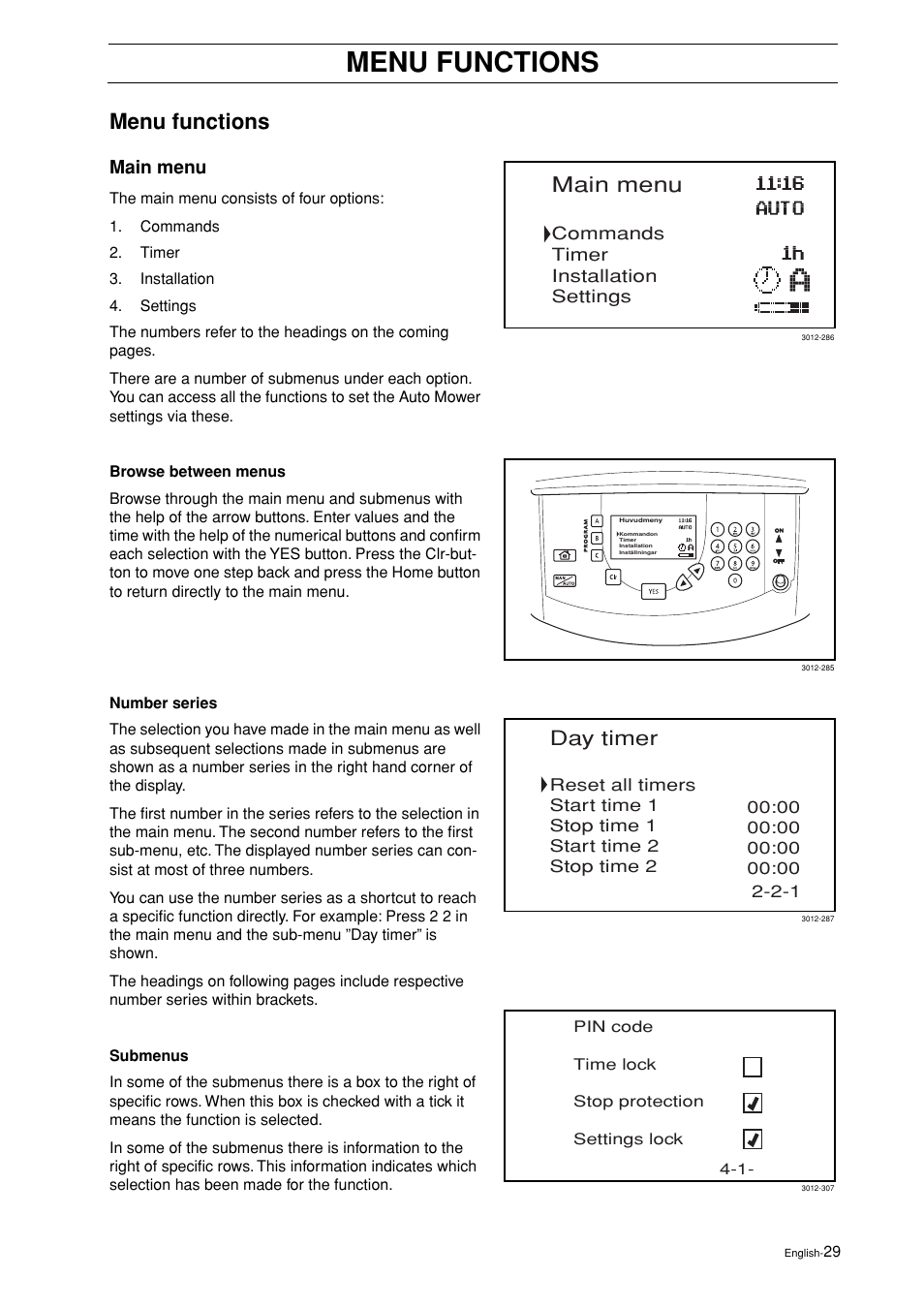 Menu functions, Main menu, Day timer | Husqvarna 2003-06 User Manual | Page 28 / 50