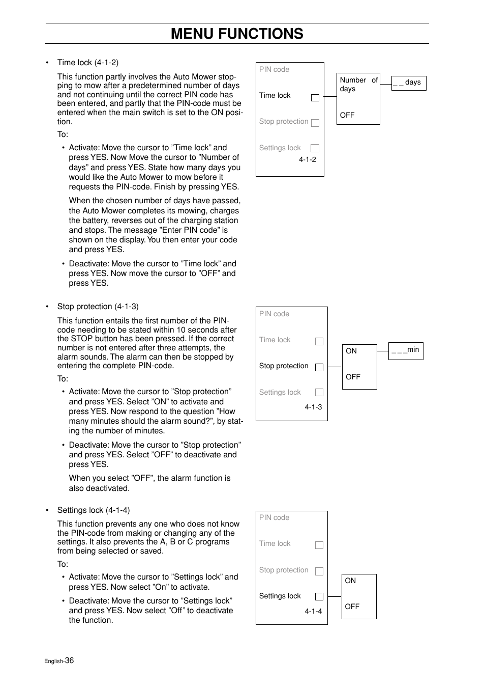 Menu functions | Husqvarna 2003-06 User Manual | Page 35 / 50